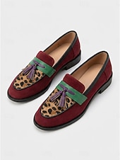 ieftine Mocasini de Damă-Mocasini de damă din piele întoarsă vișinie și verde cu ciucuri și accente de leopard – pantofi comozi de zi cu zi pentru serviciu și ținute casual