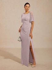 preiswerte Einfaches Kleid-Damen Maxikleid A Linie Kleid Kleider mit Empire-Taille Elegant Flattrige Ärmel Hochzeitsgast Cocktailparty Glitzer Perlenbesetzt Strass Steine Normale Passform Einfarbig Kurzarm Rundhalsausschnitt