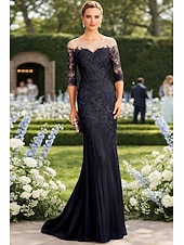 tanie Suknie wieczorowe syrenki-Syrena Tren sweep Suknia Suknia wieczorowa Sukienka dla matki panny młodej Rękaw 1/2 Łódeczka Elegancja Formalny Gość weselny Koronka Tiul z Haft nakładany
