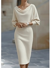 abordables Robes de Diplôme-Femmes Robe Midi Robe moulante Robes semi-formelles Bureau Coupe régulière Uni Manche 3/4 Col Bateau Bleu Noir Blanche Rouge Été Printemps Automne