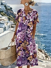 ieftine Rochii florale-Pentru femei Rochii Midi Rochie de schimb Rochie de Vară Vacanță Casual Stiluri de Plajă Potrivire Largă Floral Grafic Manșon scurt În V Albastru piscină Roz Îmbujorat Roșu-aprins Mov Vară Primăvară