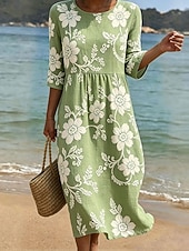 cheap Floral Dress-Women's Midi Dress Sundress Summer Dress Vacation Casual Boho Holiday Regular Fit Floral Graphic 3/4 Length Sleeve Crew Neck Blue Pink Purple Green Summer Spring