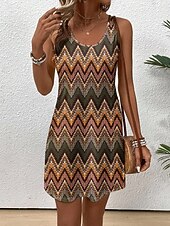 economico Abito Boho-Per donna Mini abito Abito a trapezio Vacanza Casual Spiaggia Ferie Vestibilità aderente Grafico Geometrico Senza Maniche Collo a U Marrone Cachi Estate Primavera