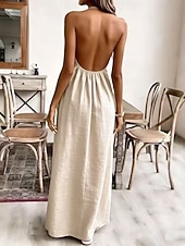 cheap Plain Dress-Women's Maxi Faux Cotton Linen Dress Shift Dress Summer Dress Casual Daily Loose Fit Plain Sleeveless Halter Neck Black White Yellow Purple Summer Spring