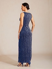 billiga Blommig klänning-Dam Maxiklänning Sheath Dress Wrapklänning Elegant Kvällsfest Bröllopsgäst Plisserad Metallisk Normal Ensfärgat Ärmlös V-hals Marinblå