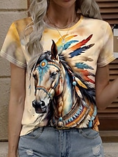 voordelige Dieren thee-Women's T Shirt Print Graphic Animal Horse Stylish Classic Casual Short Sleeve Crew Neck Round Neck Regular Tops Daily White Yellow Pink Summer Spring