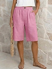 baratos Partes inferiores-Mulheres Calças com toque de linho Bermudas Calças Capri Calção Férias Moda Roupa de rua Comprimento do joelho Cintura Alta Tecido Bolsos Cintura elástica Respirabilidade Confortável Respirável Com