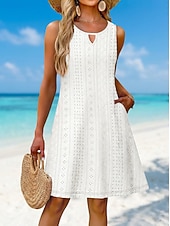  Dam Kort miniklänning Vit klänning Vardagsklänning Sommarklänning Öljett klänning Mode Modern Strand Semester Helgdag Normal Blommig Ärmlös Rund hals Vit Sommar Vår