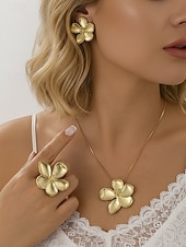 levne Dámský náhrdelník-Dámská bohémská elegantní sada 3 šperků, náhrdelník ze slitiny, náušnice &amp;prsten, 3D květinový design, zlato &amp;stříbrné barvy, ideální na dovolenou, večírek i každodenní nošení