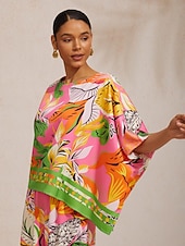 olcso ingek, felsők és blúzok-vad hibiszkusz álom selymes szatén dolman ujjú felső