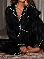 cheap Women's Sleep Tops &amp; Bottoms-Women's Loungewear Pajama Set Fashion Simple Casual Pure Color Satin Silky Pajamas Pyjamas Elastic Waist Buttons Pant Home Vacation Long Sleeve Shirt Collar Black White Red Green Spring Fall Regular