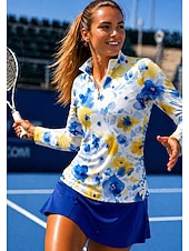 baratos Camisa Feminina-Mulheres Floral Abstrato Tops Camisa Esportiva Camisa de tênis Top de tênis Manga Longa Zíper Floral UPF50+ Resistente a UV Elasticidade Alta Pavio Humido Respirável Voleibal Tênis Golfe Gola Alta