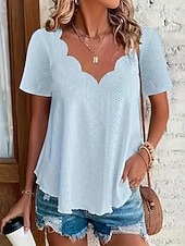 cheap Plain Blouses-Women's Pointelle Shirt Eyelet Top Blouse Eyelet Plain Active Basic Casual Short Sleeve V Neck Regular Tops Casual Daily Beach Black White Yellow Pink Wine Summer Spring