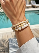 billige Damearmbånd-Bohemsk 3-delt armbåndssett i akryl for kvinner, elastiske, stabelbare armbånd, perfekt for strandferie, hverdagsbruk og sommertilbehør