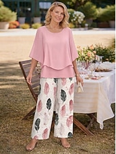  Жен. Комплекты брюк Рукав до локтя Бабочка Круглый вырез Цветочный принт Графика Элегантный стиль Отпуск Повседневные Отпуск Свадебный гость Синий Розовый Лиловый Весна лето Стандартный