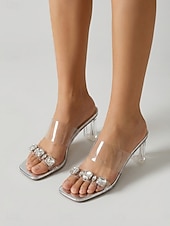 cheap Sandalias de tacón-Women's Clear High Heel Sandals, Transparent Open Toe Rhinestone Strap Elegant Dress Shoes for Cocktail Party, Evening Events &amp; Night Out