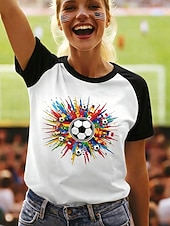  Fußball-T-Shirt für Damen mit Farbblockdruck, abstraktem, stylischem, lässigem Kurzarm-Rundhalsausschnitt, regulärem Oberteil, lässigem Alltags-Look, blau, schwarz, rot, grün, Sommer, Frühling