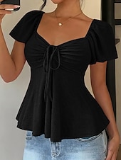 abordables T-shirt uni-Femmes Chemisier Cordon de serrage Œillet Couleur Unie Élégant Sexy Occasionnel Manche Courte Col carré Hauts Réguliers Quotidien Noir Blanche Jaune Rose Claire Bleu Ciel Été Printemps