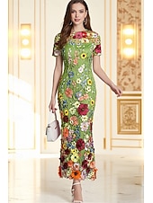 levne Koktejlové šaty-Mořská panna party šaty vintage šaty svatba svatební host Ankle délky krátký rukáv s kulatým výstřihem tyl s výšivkami šaty