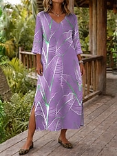 billiga Konst och design klänningar-Dam Maxiklänning Boho-klänning Skiftklänning Solklänning Strandklänning bohemliv Semester Etnisk Strand Helgdag Datum Lös passning Grafisk Abstrakt 3/4 ärm V-hals Blå Himmelsblå Purpur Grön Sommar Vår