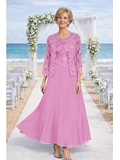 preiswerte Mamas Kleidersets-Zweiteilig Kleid-Sets Knöchellänge Kleid für Hochzeitsgäste Brautmutterkleid Langarm Rundhalsausschnitt Elegant Hochzeitsgast Kirche Chiffon mit Spitze Stickerei