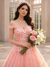 voordelige Lange Jurken en Gowns-Baljurk Vloerlengte Prom Jurken Prinses Puff Mouwloos Off Shoulder Performance Quinceanera met Apliquès