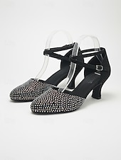 economico Scarpe da ballo di sala e danza moderna-Scarpe da ballo da sala nere da donna, con punta chiusa e cinturino incrociato con strass, ideali per la pratica di balli standard, valzer e tango. &amp; formazione