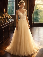 abordables Robes Longues &amp; Gowns-Ligne A Longueur au sol Robes de Bal Éclat &amp; Brillance Dos Nu Sans manches Col en V Bal de promo Formel Tulle Dos en V avec Perlage Appliques