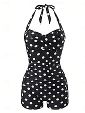 cheap One-piece swimsuits-Women's Swimwear One Piece Monokini Swimsuit Tummy Control High Waist Slim Backless Vacation Vintage Polka Dot Halter Neck Sleeveless Bathing Suits