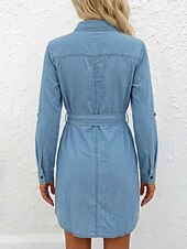 billige Hvit kjole-Dame Knelang kjole Denimkjoler Uformell kjole Kjole med A-linje Mote Grunnleggende Daglig utendørs Feriereise Normal عادي Langermet Skjortekrage Lyseblå Sommer Vår