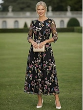economico Lunghezza alla caviglia-Linea ad A Abito Lunghezza Tè Abito da Cocktail Abito da invitata a nozze Abito da cerimonia per signora Manica 3/4 Girocollo Elegante Casual Formale Ospite di nozze Derby del Kentucky Chiffon Tulle