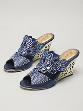 abordables Sandalias de cuña-Sandalias de cuña azules adornadas para mujer, zapatos elegantes sin cordones con punta abierta para la madre de la novia, boda en el jardín &amp;eventos formales