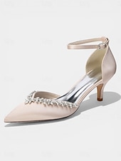 abordables Zapatos de salón de tacón bajo-Zapatos de tacón bajo de satén rosa para mujer, zapatos de salón con tira en el tobillo y punta afilada con pedrería para cócteles y bodas. &amp;eventos nocturnos