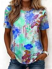 billiga Blommig t-shirt-Dam T-shirt Mönster Blommig Grafisk Mode Stylish Klassisk Kortärmad Rund hals Vanliga toppar Ledigt Dagligen Helgen Blå Rodnande Rosa Purpur Grön Sommar Vår