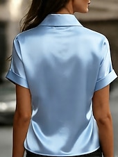 voordelige Effen t-shirt-Dames Satijnen overhemd Blouse Effen Kleur Elegant Stijlvol Basic Korte mouw Overhemdkraag Normale tops Casual Dagelijks Kantoor blauw Zwart Rood Abrikoos Zomer Lente