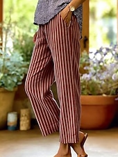 abordables Fondos-Mujer Pantalones con tacto de lino Perneras anchas Pantalones casuales Pantalones de verano Vacaciones Moda Ropa de calle Hasta el Tobillo Media cintura Graphic A Rayas Bolsillo Cintura elástica