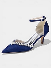 abordables Zapatos de salón de tacón bajo-Zapatos de tacón bajo de satén rosa para mujer, zapatos de salón con tira en el tobillo y punta afilada con pedrería para cócteles y bodas. &amp;eventos nocturnos