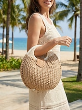 economico Borsette e borse tote-Borsa tote rotonda da donna in paglia, disponibile in diversi colori, ideale per vacanze al mare, viaggi in resort, outfit estivi casual e per un look boho di tutti i giorni.