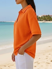 levne jednoduché tričko-Dámské Tričko Polokošile Trička Vaflově pletené topy Bez vzoru Módní stylové Základní Krátký rukáv Košilový límec Běžné topy Denní Jdeme ven Víkend Vodní modrá Černá Bílá Oranžová Trávová zelená Léto