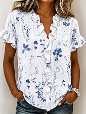 economico Bluse Floreali-Per donna Camicia Tunica Volant Floreale Grafico Elegante Moda Quotidiano Manica Corta Scollo a V Top Regolari Casuale Quotidiano Blu Nero Rosa Viola Estate Primavera