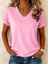 preiswerte Einfarbiges T-Shirt-Damen T Shirt Baumwollhemd Einfarbig Klassisch Kurzarm V Ausschnitt Normale Oberteile Lässig Täglich Ausgehen Schwarz Weiß Rosa Sommer Frühling
