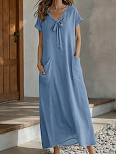 abordables Robe blanche-Femmes Robe maxi Robe trapèze Robe d'été Occasionnel Quotidien Coupe Ample Uni Manche Courte Col en V Bleu Ciel Violet Claire Vert Gris Été Printemps