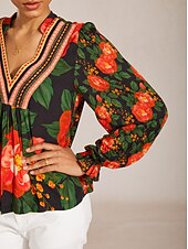 preiswerte Hemden, Tops und Blusen-Midikleid aus floraler Spitze mit V-Ausschnitt und Puffärmeln