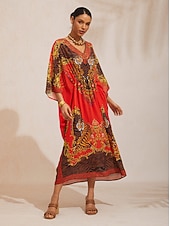 お買い得  プリントカジュアルドレス-スカーレットティグレス フラウィーシフォン シャーリングカフタン