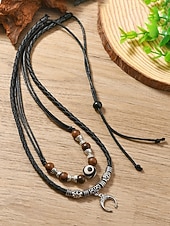 cheap Men's Jewelry-Men's Bohemian Style Double-Layer Necklace, Alloy &amp; Leather Cord Mixed Material, Crescent Moon Pendant, Adjustable, Perfect for Beach Vacation, Daily Casual Wear
