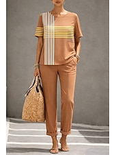 ieftine Costume de bluză de damă-Pentru femei Seturi de lenjerie de bumbac Manșon scurt Rotund Grafic Geometric Elegant Boemia Activ Casual Zilnic Albastru piscină Roz Îmbujorat Kaki Primavara vara Fit regulat