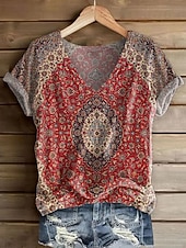 preiswerte Boho-T-Shirt-Damen T Shirt Druck Blumen Grafik Pflanzen Vintage Stilvoll Lässig Kurzarm V Ausschnitt Normale Oberteile Täglich Wochenende Blau Gelb Rosa Wein Rote Sommer Frühling