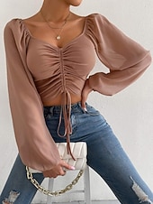 tanie Chiffon Tops-Damskie Koszula Bluzka Bluzki z szyfonu Z marszczeniami Równina Elegancki Podstawowy Klasyczny Długi rękaw W serek Zwykłe topy Codzienny Impreza Święto Niebieski Czerwonobrązowy Czarny Biały