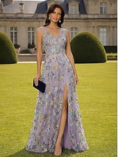 cheap A-Line Evening Dresses-A-Line Floor Length Evening Gown Formal Dress Elegant Floral Sleeveless V Neck Garden Party Wedding Lace with Embroidered Flower Slit Embroidery