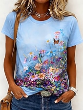 billiga Blommig t-shirt-Dam T-shirt Mönster Blommig Grafisk Växter bohemliv Hawaiisk Stylish Kortärmad Rund hals Långa toppar Dagligen Blå Svart Ljusrosa Gul Mörkgrön Sommar Vår